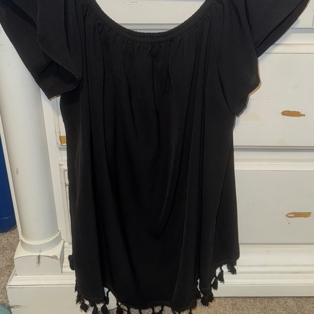 Off The Shoulder Tassel Trim Shirt